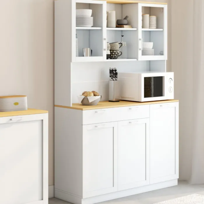 Buffet de cuisine vitré 120 cm 5 portes et 1 tiroir blanc et plateau façon hêtre