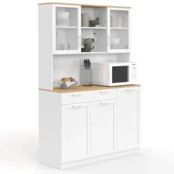 Buffet de cuisine vitré 120 cm 5 portes et 1 tiroir blanc et plateau façon hêtre