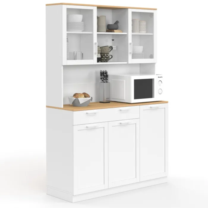 Buffet de cuisine vitré 120 cm 5 portes et 1 tiroir blanc et plateau façon hêtre