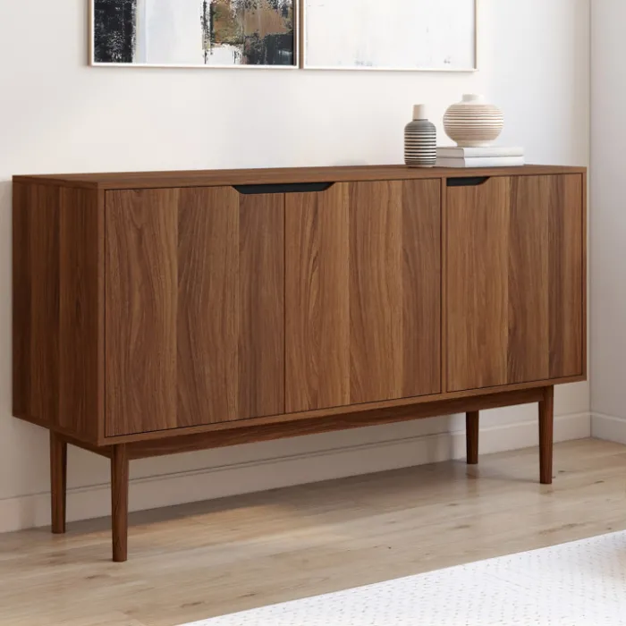 Buffet en bois 140 cm vintage avec 3 portes effet noyer