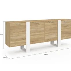 Buffet enfilade 200 cm 4 portes bois et blanc