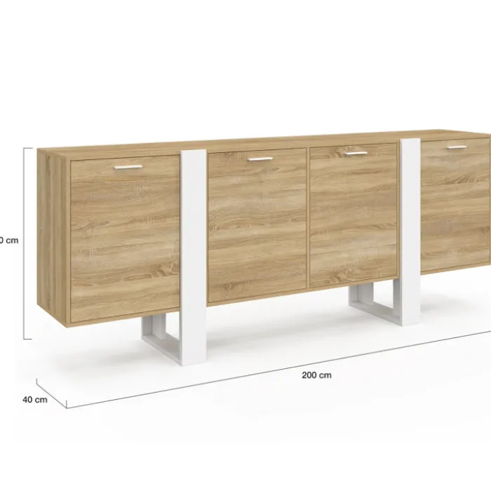 Buffet enfilade 200 cm 4 portes bois et blanc