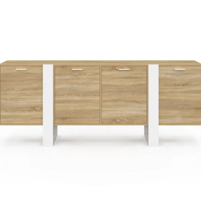 Buffet enfilade 200 cm 4 portes bois et blanc