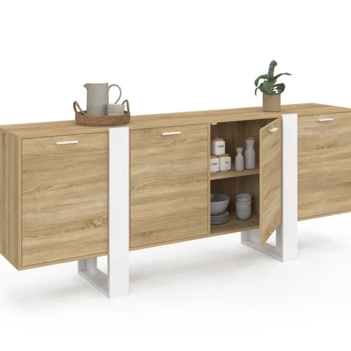 Buffet enfilade 200 cm 4 portes bois et blanc