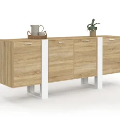 Buffet enfilade 200 cm 4 portes bois et blanc