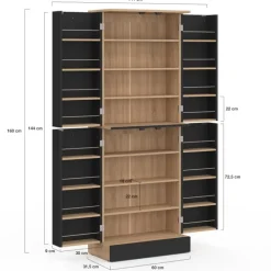Buffet haut armoire de cuisine H.160 cm 4 portes avec rangements façon hêtre et noir