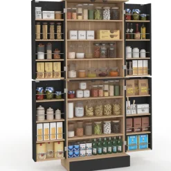Buffet haut armoire de cuisine H.160 cm 4 portes avec rangements façon hêtre et noir