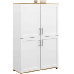 Buffet haut blanc et bois avec 4 portes 125 cm