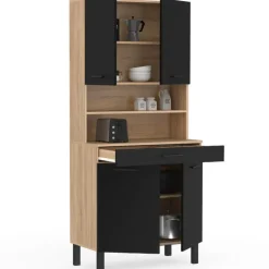 Buffet haut de cuisine bois façon hêtre 80 cm 4 portes + tiroir noir