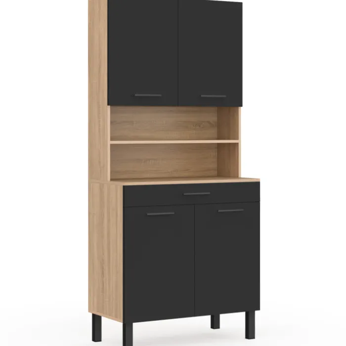 Buffet haut de cuisine bois façon hêtre 80 cm 4 portes + tiroir noir