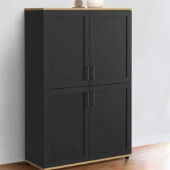 Buffet haut noir et bois avec 4 portes 125 cm