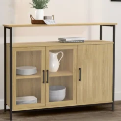 Buffet industriel avec 2 portes vitrées et placards 100 cm