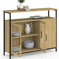 Buffet industriel avec 2 portes vitrées et placards 100 cm