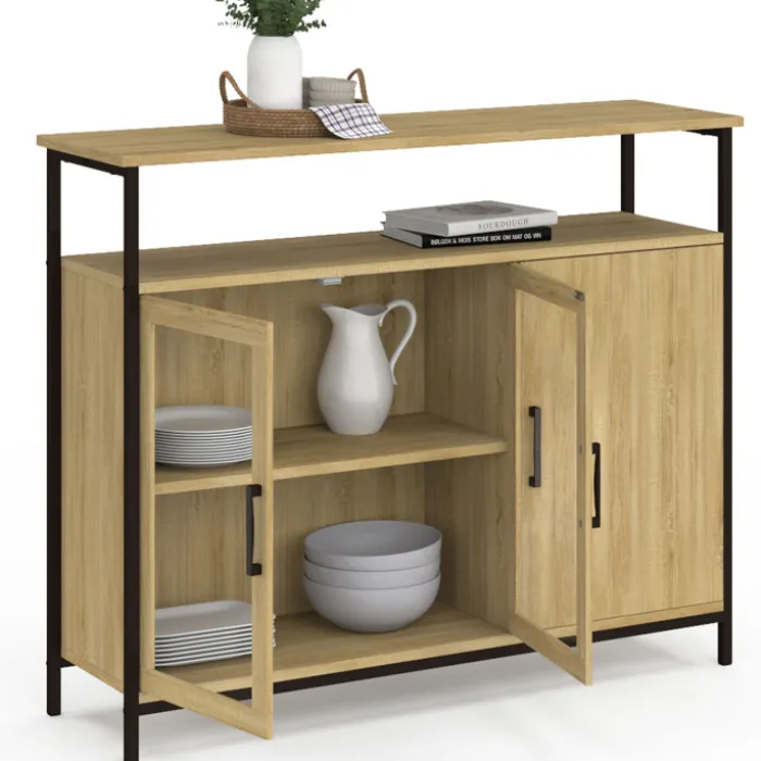 Buffet industriel avec 2 portes vitrées et placards 100 cm