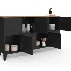 Buffet industriel casier 139 cm avec 8 portes en métal noir et plateau bois