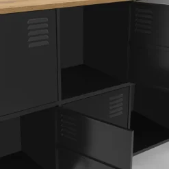 Buffet industriel casier 139 cm avec 8 portes en métal noir et plateau bois
