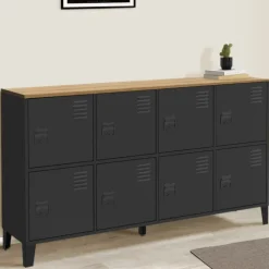 Buffet industriel casier 139 cm avec 8 portes en métal noir et plateau bois