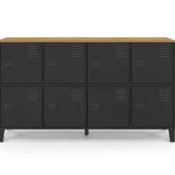 Buffet industriel casier 139 cm avec 8 portes en métal noir et plateau bois
