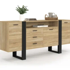 Buffet industriel de 180 cm avec 3 portes, 3 tiroirs et niche, coloris bois et noir