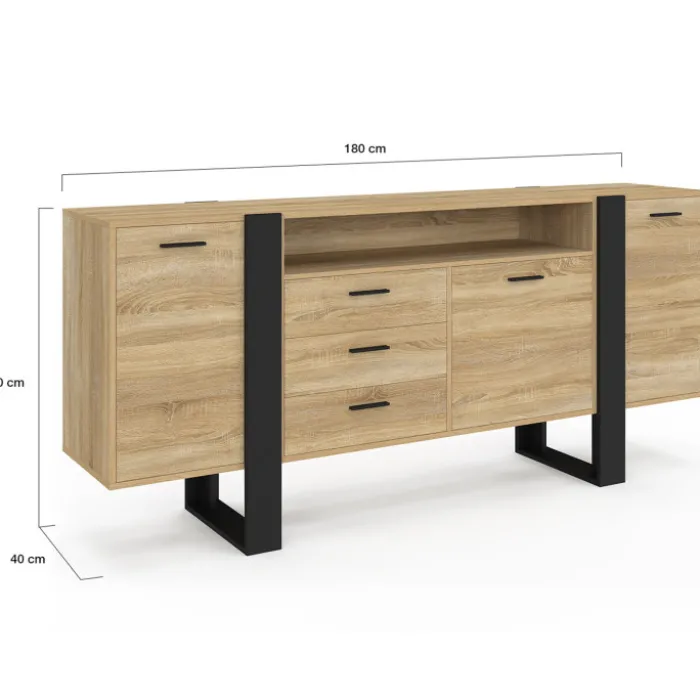 Buffet industriel de 180 cm avec 3 portes, 3 tiroirs et niche, coloris bois et noir