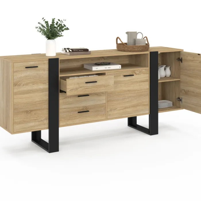 Buffet industriel de 180 cm avec 3 portes, 3 tiroirs et niche, coloris bois et noir