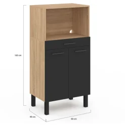 Buffet mi-haut 60 cm avec 1 tiroir et 2 portes façon hêtre et noir