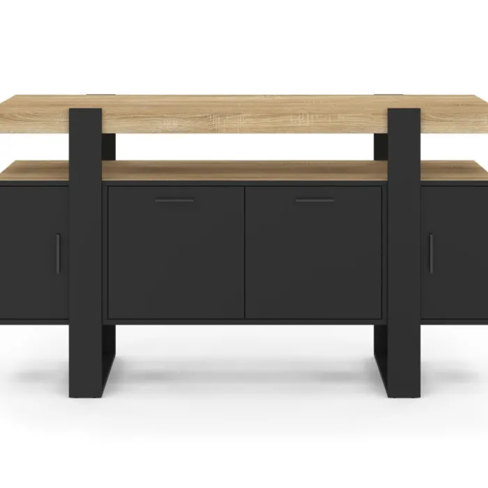 Buffet noir avec plateau bois 140 cm 4 portes