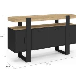 Buffet noir avec plateau bois 140 cm 4 portes