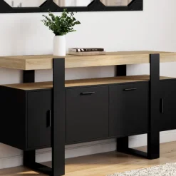 Buffet noir avec plateau bois 140 cm 4 portes