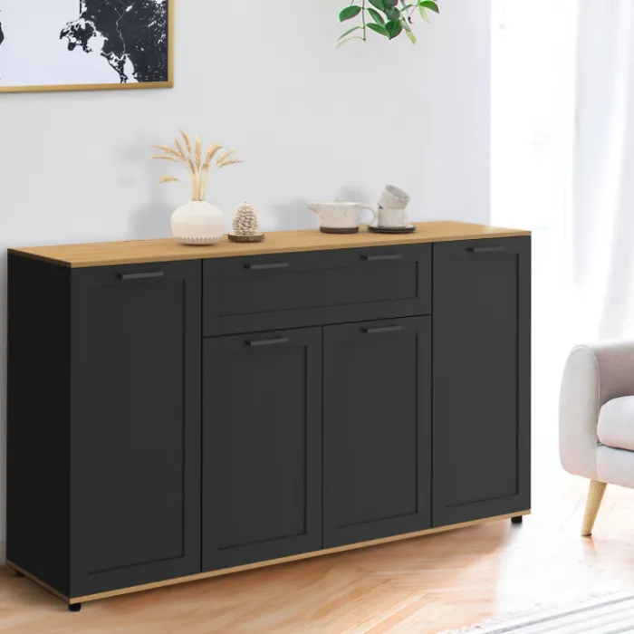 Buffet noir et bois 4 portes 1 tiroir