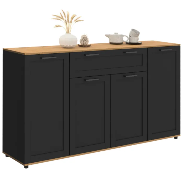 Buffet noir et bois 4 portes 1 tiroir