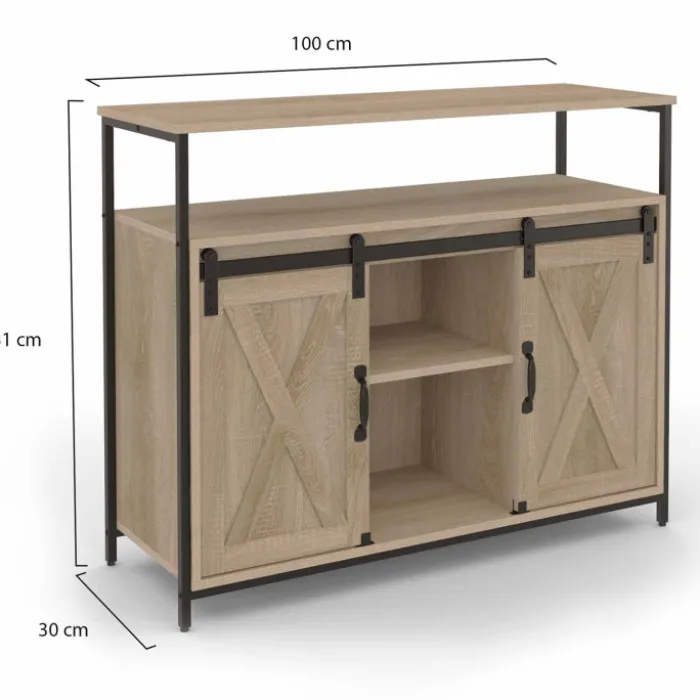 Buffet portes coulissantes grange bois clair effet vieilli