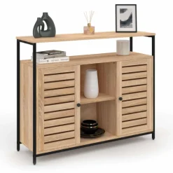 Buffet portes persiennes bois et métal noir