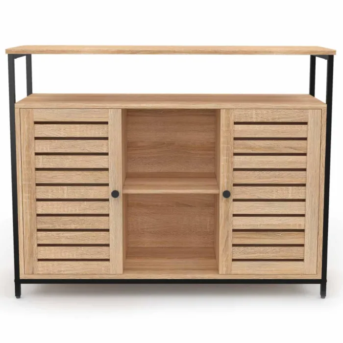 Buffet portes persiennes bois et métal noir