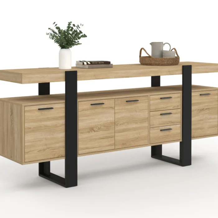 Buffet salon XXL 180 cm bois et noir 4 portes et 3 tiroirs