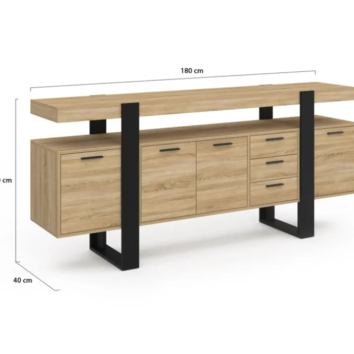 Buffet salon XXL 180 cm bois et noir 4 portes et 3 tiroirs