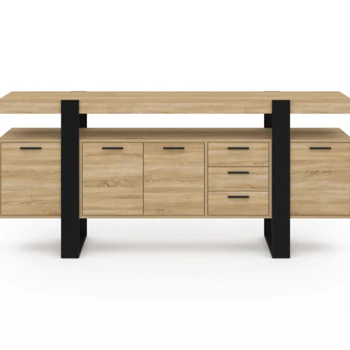 Buffet salon XXL 180 cm bois et noir 4 portes et 3 tiroirs