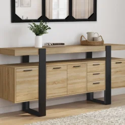 Buffet salon XXL 180 cm bois et noir 4 portes et 3 tiroirs