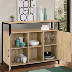 Buffet style industriel avec 2 portes et étagères en bois et métal noir 100 cm