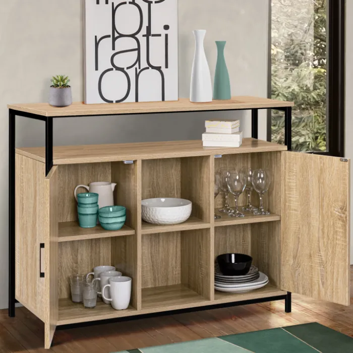 Buffet style industriel avec 2 portes et étagères en bois et métal noir 100 cm