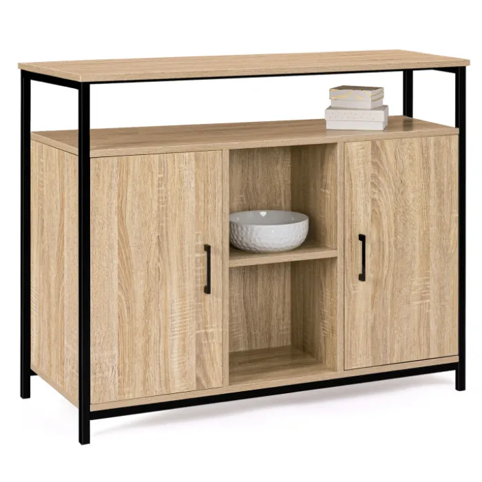Buffet style industriel avec 2 portes et étagères en bois et métal noir 100 cm