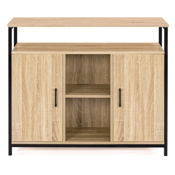 Buffet style industriel avec 2 portes et étagères en bois et métal noir 100 cm