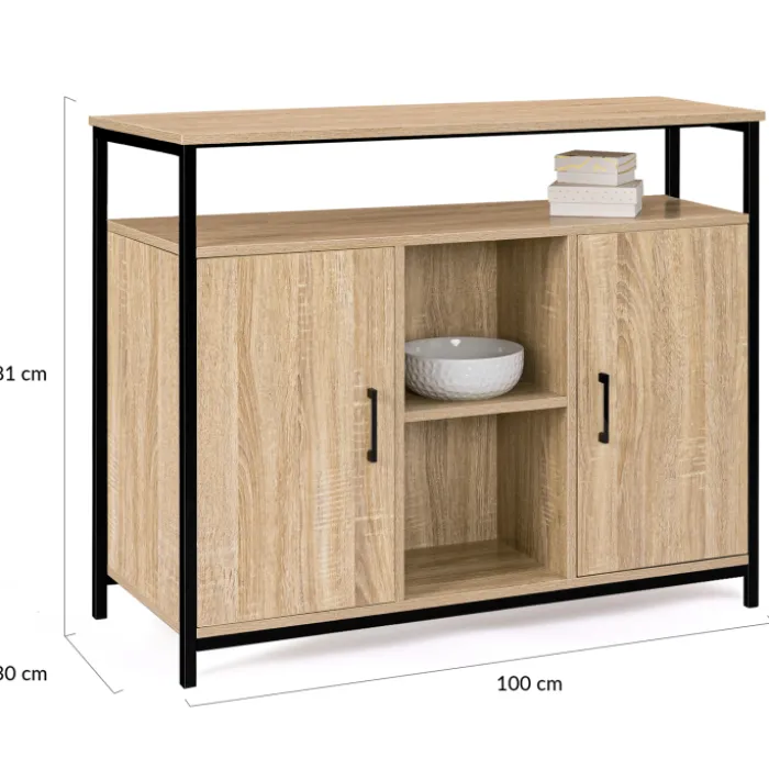 Buffet style industriel avec 2 portes et étagères en bois et métal noir 100 cm