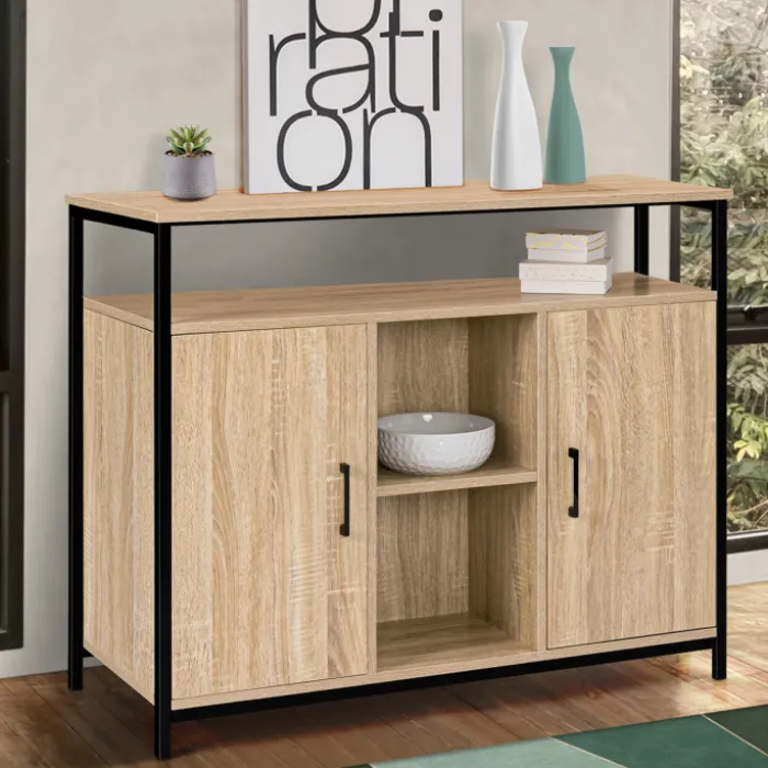Buffet style industriel avec 2 portes et étagères en bois et métal noir 100 cm
