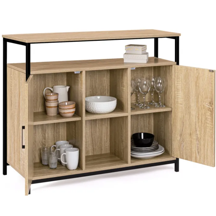 Buffet style industriel avec 2 portes et étagères en bois et métal noir 100 cm