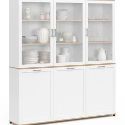 Buffet vaisselier 160 cm meuble de cuisine 6 portes blanc et bois