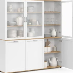 Buffet vaisselier 160 cm meuble de cuisine 6 portes blanc et bois