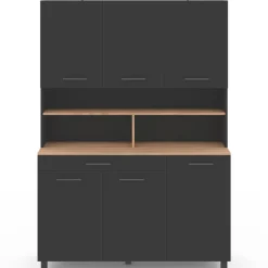 Buffet vaisselier noir 6 portes, 1 tiroir et plateaux façon hêtre