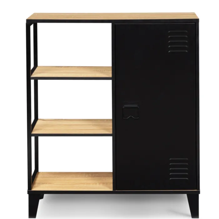 Buffet vestiaire métallique noir et plateaux bois