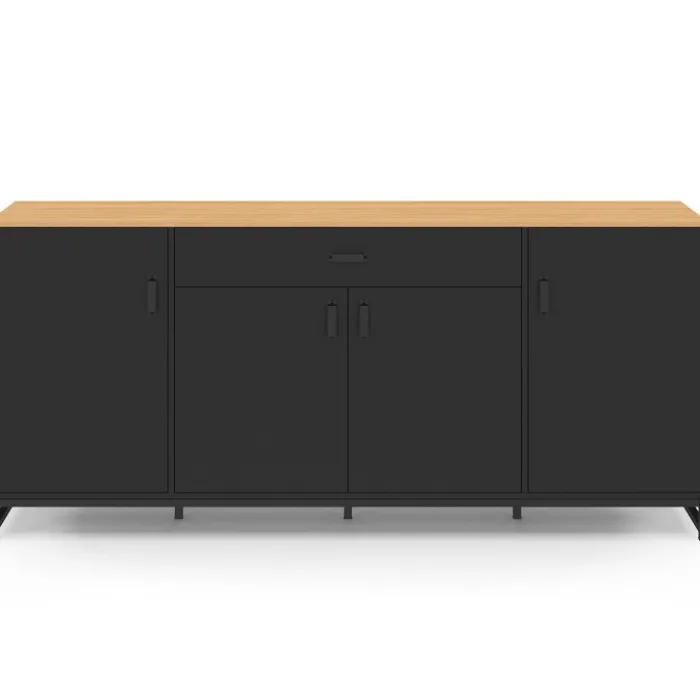 Buffet XXL 180 cm style industriel 4 portes et 1 tiroir noir et bois